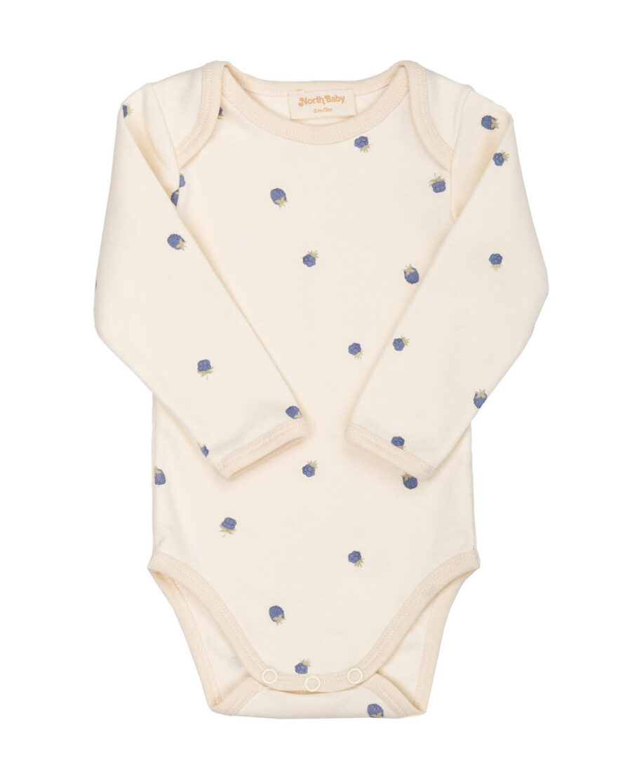 Body manga larga para bebé y recién nacido de North Baby, en suave y transpirable algodón orgánico. Estampado blueberries