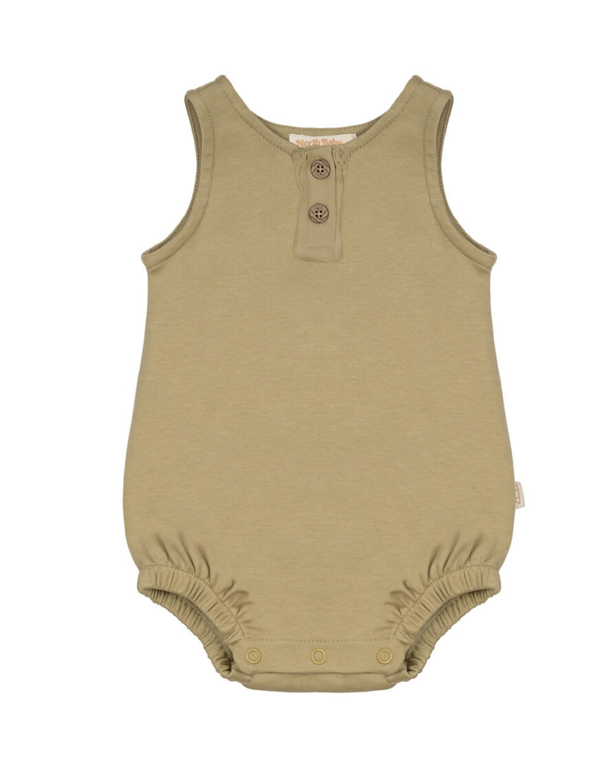 Romper bebé tirantes 100% algodón orgánico KAKI con botones de madera y bajo elástico