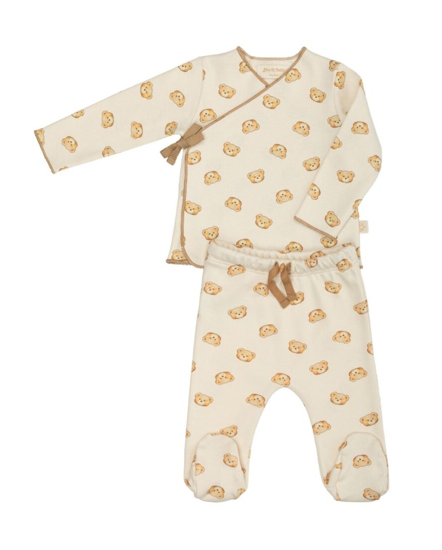 Newborn set Tender Teddy con camiseta cruzada y pantalón con pies en algodón orgánico